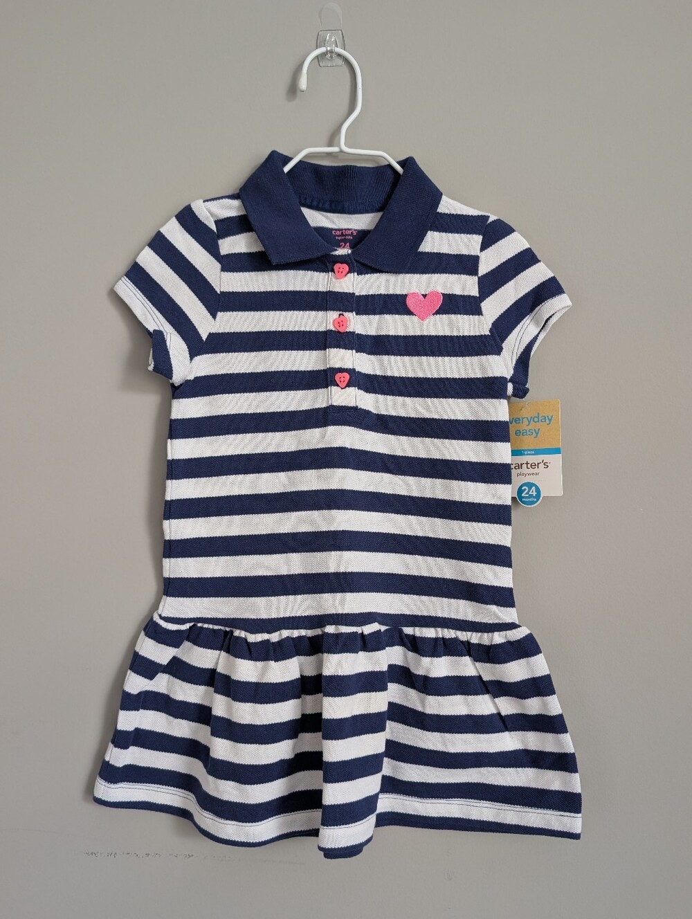 3/$15 - NWT Carter's Navy & White Striped Everyday Easy Polo Dress 24 Months